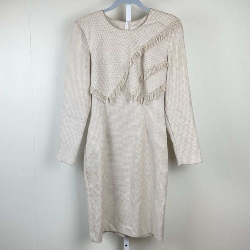 Vintage Expo Sheath Dress Tan Houndstooth Fringe Long Sleeve Womens Size‎ 6